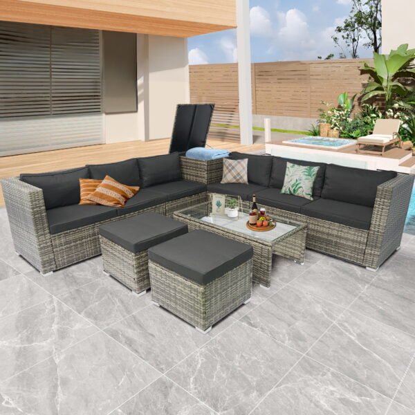 Tappio 10-Piece Rattan Patio Furniture Set, Patio Conversation Set with Hydraulic Deck Box and Side Table Outdoor Sectional Furniture Set for Patio, Garden, Backyard, Grey/Black ﻿