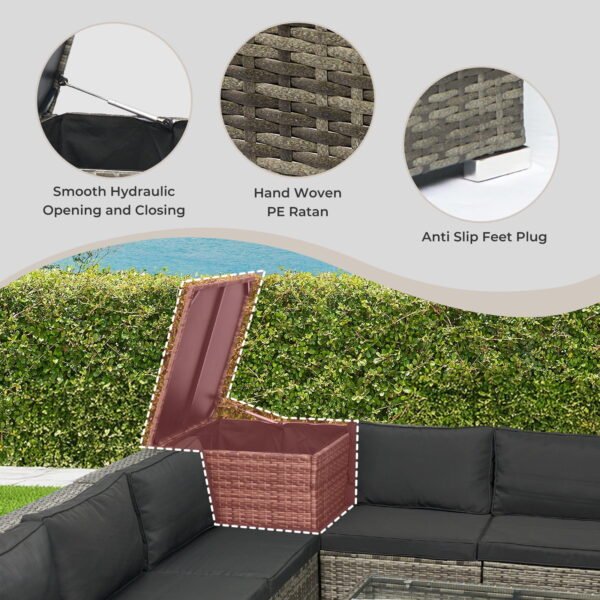 Tappio 10-Piece Rattan Patio Furniture Set, Patio Conversation Set with Hydraulic Deck Box and Side Table Outdoor Sectional Furniture Set for Patio, Garden, Backyard, Grey/Black ﻿