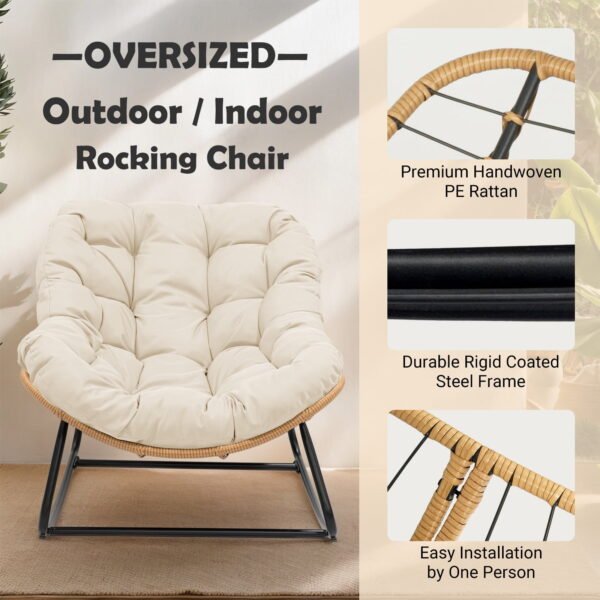 Tappio Outdoor Rocking Egg Chair, Indoor Papasan Chair Rattan Patio Wicker Lounge with Thick Cushion for Bedroom Living Room Garden Porch Backyard, Beige