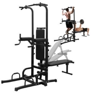 PROHIKER Power Tower Dip Station, Pull Up Bar Stand Power Rack with Detachable Weight Bench, Height Adjustable Strength Training Equipment for Fitness Home Workout, Black