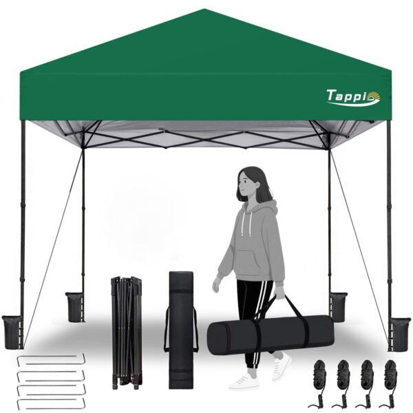Tappio Portable 10x10 Pop Up Canopy Tent, Only 26 Lbs, Outdoor Instant Canopy Patio Gazebo Event Tent Shelter with 8 Stakes, 4 Ropes, 4 Sandbags and 1 Handbag for Camping Party Beach, Green