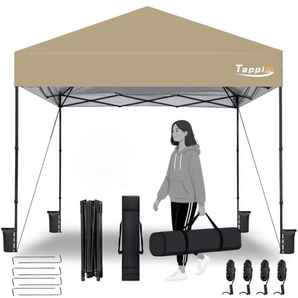 Tappio Portable 10x10 Pop Up Canopy Tent, Only 26 Lbs, Outdoor Instant Canopy Patio Gazebo Event Tent Shelter with 8 Stakes, 4 Ropes, 4 Sandbags and 1 Handbag for Camping Party Beach, Khaki
