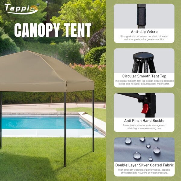 Tappio Portable 10x10 Pop Up Canopy Tent, Only 26 Lbs, Outdoor Instant Canopy Patio Gazebo Event Tent Shelter with 8 Stakes, 4 Ropes, 4 Sandbags and 1 Handbag for Camping Party Beach, Khaki