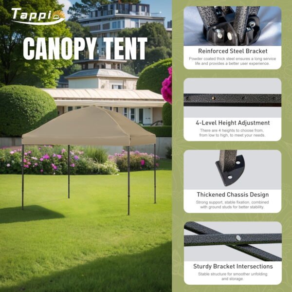 Tappio Portable 10x10 Pop Up Canopy Tent, Only 26 Lbs, Outdoor Instant Canopy Patio Gazebo Event Tent Shelter with 8 Stakes, 4 Ropes, 4 Sandbags and 1 Handbag for Camping Party Beach, Khaki
