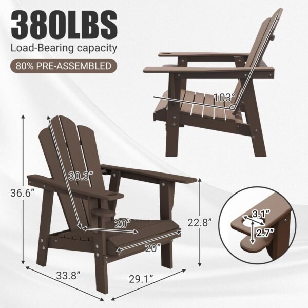 Tappio HDPE Adirondack Chair Set of 2, Patio Seat All Weather Outdoor Patio Chair with Cup Holder for Lawn Yard Fire Pit, Brown