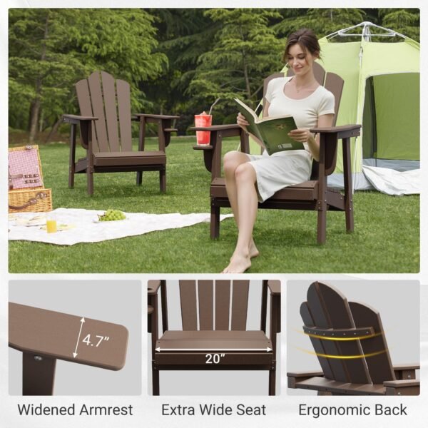 Tappio HDPE Adirondack Chair Set of 2, Patio Seat All Weather Outdoor Patio Chair with Cup Holder for Lawn Yard Fire Pit, Brown