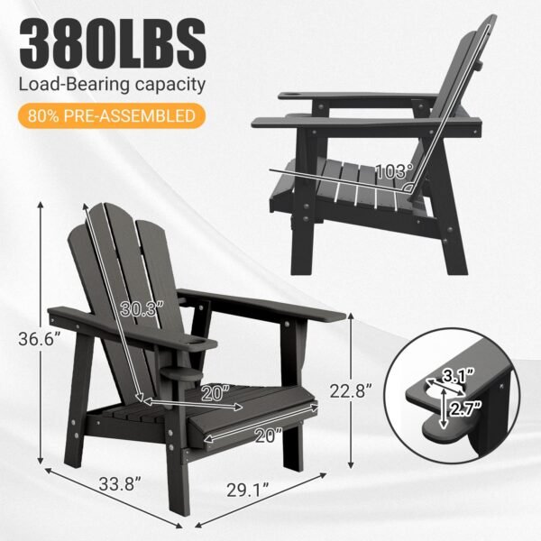 Tappio HDPE Adirondack Chair Set of 2, Patio Seat All Weather Outdoor Patio Chair with Cup Holder for Lawn Yard Fire Pit, Gray