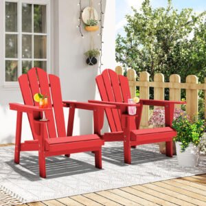 Tappio HDPE Adirondack Chair Set of 2, Patio Seat All Weather Outdoor Patio Chair with Cup Holder for Lawn Yard Fire Pit, Red