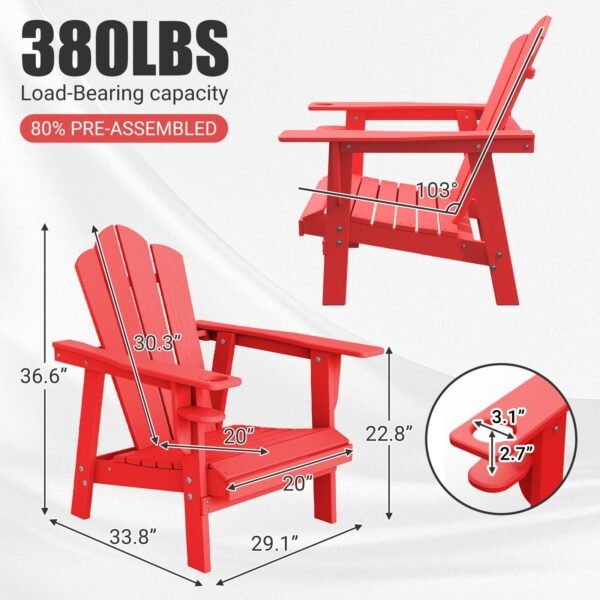 Tappio HDPE Adirondack Chair Set of 2, Patio Seat All Weather Outdoor Patio Chair with Cup Holder for Lawn Yard Fire Pit, Red