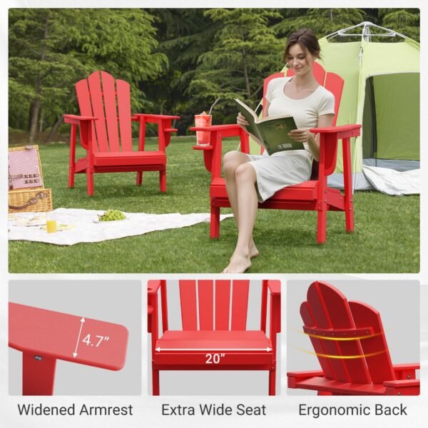 Tappio HDPE Adirondack Chair Set of 2, Patio Seat All Weather Outdoor Patio Chair with Cup Holder for Lawn Yard Fire Pit, Red
