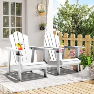 Tappio HDPE Adirondack Chair Set of 2, Patio Seat All Weather Outdoor Patio Chair with Cup Holder for Lawn Yard Fire Pit, White