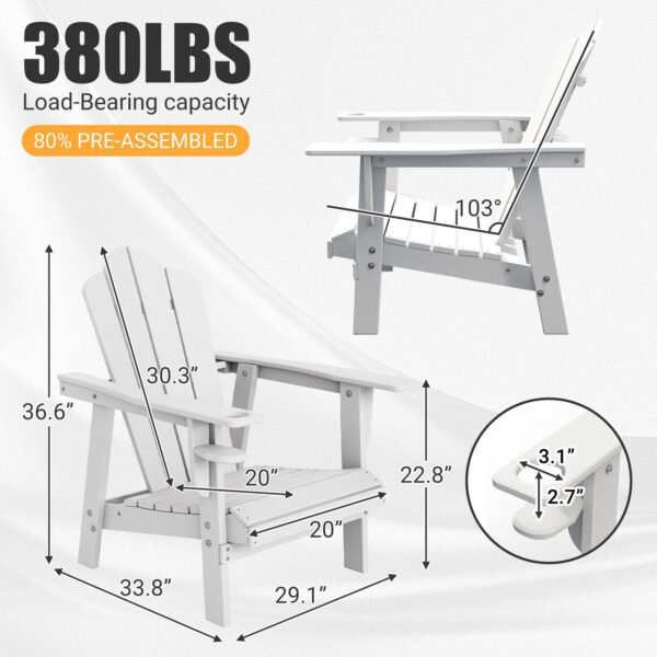 Tappio HDPE Adirondack Chair Set of 2, Patio Seat All Weather Outdoor Patio Chair with Cup Holder for Lawn Yard Fire Pit, White