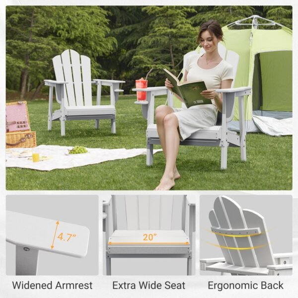 Tappio HDPE Adirondack Chair Set of 2, Patio Seat All Weather Outdoor Patio Chair with Cup Holder for Lawn Yard Fire Pit, White