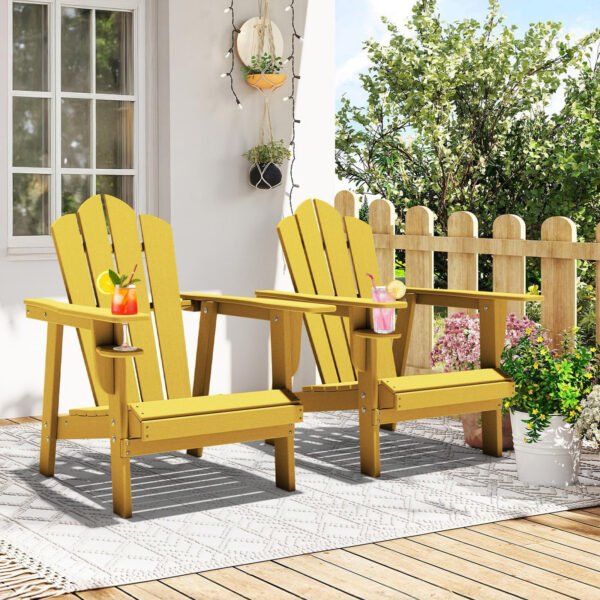 Tappio HDPE Adirondack Chair Set of 2, Patio Seat All Weather Outdoor Patio Chair with Cup Holder for Lawn Yard Fire Pit, Yellow