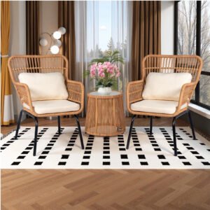 PROHIKER 3-Piece Patio Conversation Furniture Set, Rattan Bistro Chairs Set with Glass Table and Waterproof Cushions for Backyard, Garden, Bistro, Front Porch, Yellow/Beige