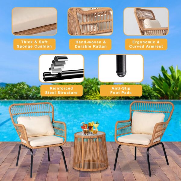 PROHIKER 3-Piece Patio Conversation Furniture Set, Rattan Bistro Chairs Set with Glass Table and Waterproof Cushions for Backyard, Garden, Bistro, Front Porch, Yellow/Beige