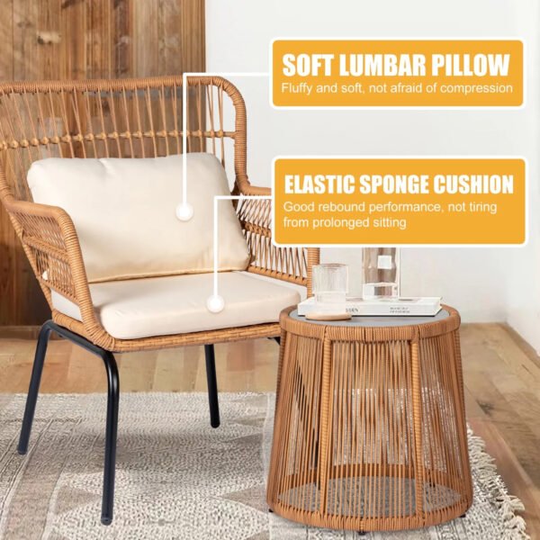 PROHIKER 3-Piece Patio Conversation Furniture Set, Rattan Bistro Chairs Set with Glass Table and Waterproof Cushions for Backyard, Garden, Bistro, Front Porch, Yellow/Beige