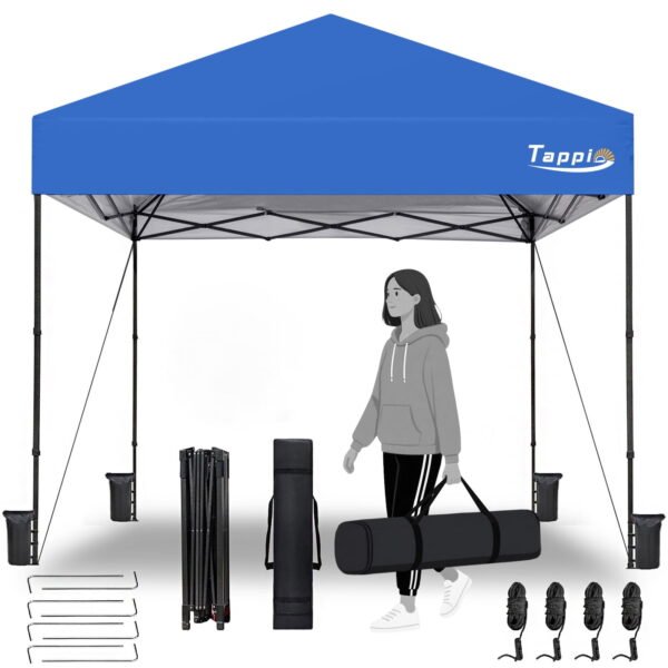 Tappio Portable 10x10 Pop Up Canopy Tent, Only 26 Lbs, Outdoor Instant Canopy Patio Gazebo Event Tent Shelter with 8 Stakes, 4 Ropes, 4 Sandbags and 1 Handbag for Camping Party Beach, Blue﻿