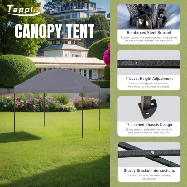 Tappio Portable 10x10 Pop Up Canopy Tent, Only 26 Lbs, Outdoor Instant Canopy Patio Gazebo Event Tent Shelter with 8 Stakes, 4 Ropes, 4 Sandbags and 1 Handbag for Camping Party Beach, Gray