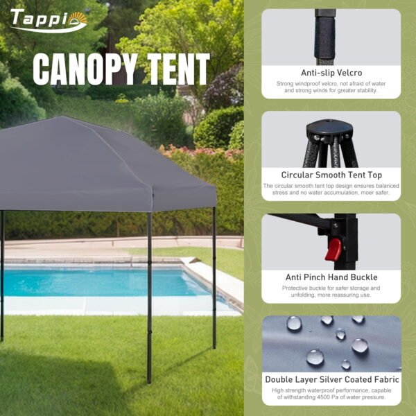 Tappio Portable 10x10 Pop Up Canopy Tent, Only 26 Lbs, Outdoor Instant Canopy Patio Gazebo Event Tent Shelter with 8 Stakes, 4 Ropes, 4 Sandbags and 1 Handbag for Camping Party Beach, Gray