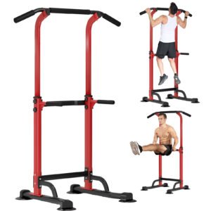 PROHIKER Power Tower Dip Station, Pull Up Bar Stand Power Rack with Backrest, Height Adjustable Strength Training Equipment for Fitness Home Workout, Red