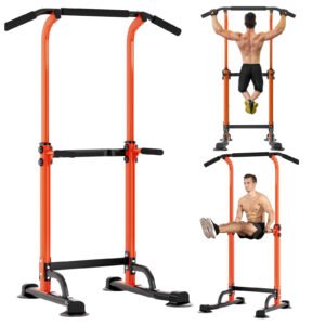 PROHIKER Power Tower Dip Station, Pull Up Bar Stand Power Rack with Backrest, Height Adjustable Strength Training Equipment for Fitness Home Workout, Orange