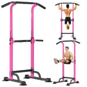 PROHIKER Power Tower Dip Station, Pull Up Bar Stand Power Rack with Backrest, Height Adjustable Strength Training Equipment for Fitness Home Workout, Pink