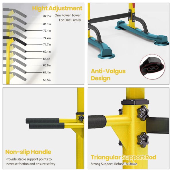 PROHIKER Power Tower Dip Station, Pull Up Bar Stand Power Rack with Backrest, Height Adjustable Strength Training Equipment for Fitness Home Workout, Yellow