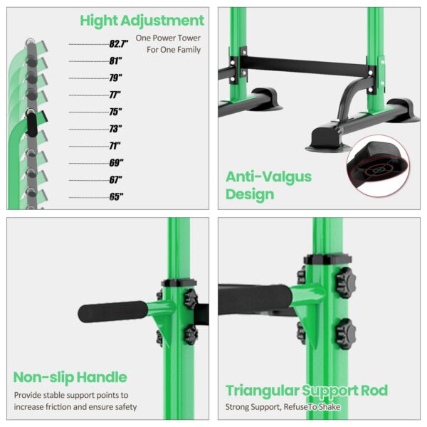 PROHIKER Power Tower Dip Station, Pull Up Bar Stand Power Rack with Backrest, Height Adjustable Strength Training Equipment for Fitness Home Workout, Green