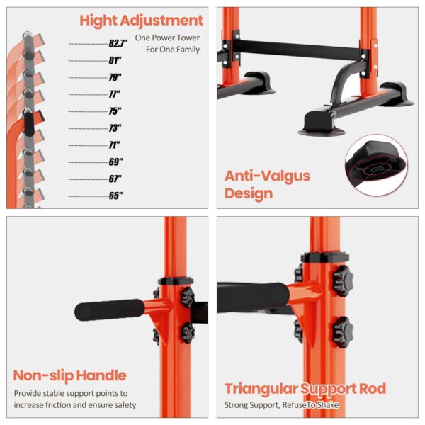 PROHIKER Power Tower Dip Station, Pull Up Bar Stand Power Rack with Backrest, Height Adjustable Strength Training Equipment for Fitness Home Workout, Orange