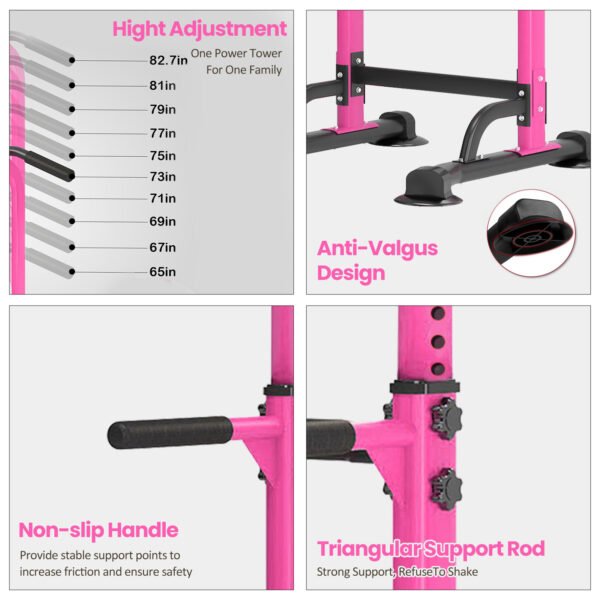 PROHIKER Power Tower Dip Station, Pull Up Bar Stand Power Rack with Backrest, Height Adjustable Strength Training Equipment for Fitness Home Workout, Pink