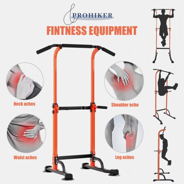 PROHIKER Power Tower Dip Station, Pull Up Bar Stand Power Rack with Backrest, Height Adjustable Strength Training Equipment for Fitness Home Workout, Orange