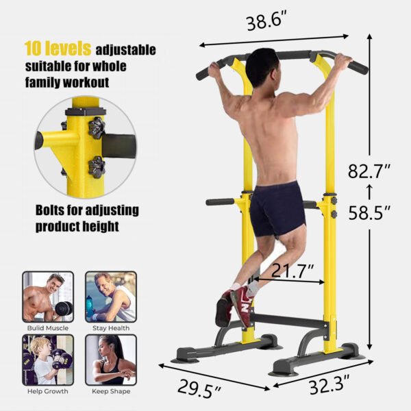 PROHIKER Power Tower Dip Station, Pull Up Bar Stand Power Rack with Backrest, Height Adjustable Strength Training Equipment for Fitness Home Workout, Yellow