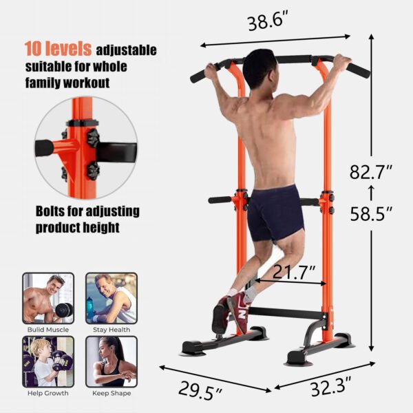 PROHIKER Power Tower Dip Station, Pull Up Bar Stand Power Rack with Backrest, Height Adjustable Strength Training Equipment for Fitness Home Workout, Orange