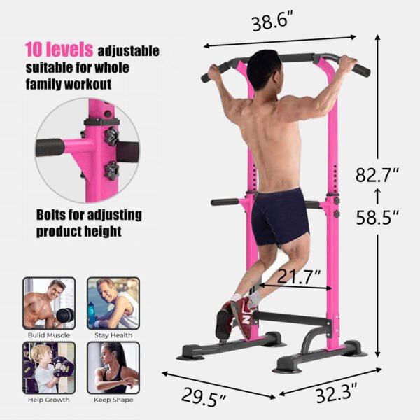 PROHIKER Power Tower Dip Station, Pull Up Bar Stand Power Rack with Backrest, Height Adjustable Strength Training Equipment for Fitness Home Workout, Pink