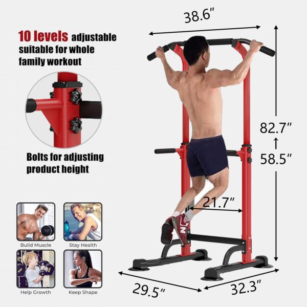 PROHIKER Power Tower Dip Station, Pull Up Bar Stand Power Rack with Backrest, Height Adjustable Strength Training Equipment for Fitness Home Workout, Red