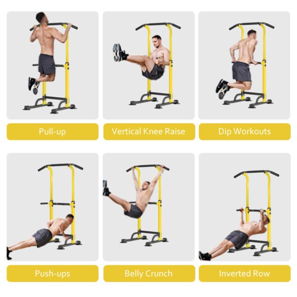 PROHIKER Power Tower Dip Station, Pull Up Bar Stand Power Rack with Backrest, Height Adjustable Strength Training Equipment for Fitness Home Workout, Yellow