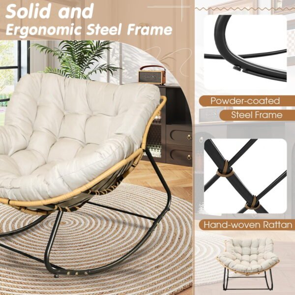 Tappio Outdoor Rocking Chair, Oversized Patio Egg Rocking Chair Indoor Papasan Rattan Wicker Lounge, Modern Royal Rocker for Bedroom, Living Room, Porch, Garden, Lawn, Beige