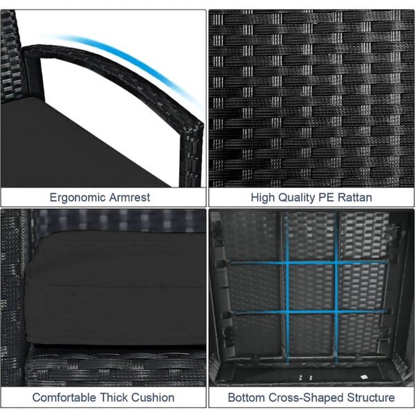 Tappio Outdoor Furniture 3 Piece Patio Bistro Furniture Set, Rattan Conversation Chairs Set with Side Table and Cushions, Patio Furniture Sets for Balcony Garden Porch, Black