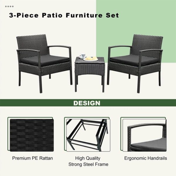 Tappio Outdoor Furniture 3 Piece Patio Bistro Furniture Set, Rattan Conversation Chairs Set with Side Table and Cushions, Patio Furniture Sets for Balcony Garden Porch, Black