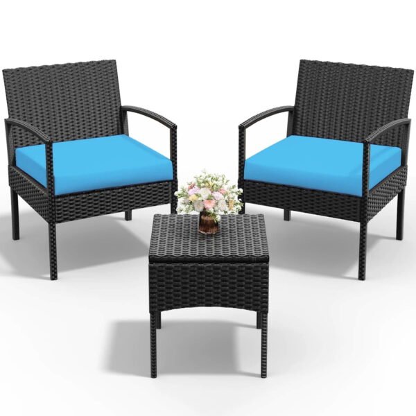 Tappio 3 Pieces Patio Conversation Set Outdoor Furniture Set, Patio Bistro Set All-weather Wicker Chairs and Table with Cushions, Blue