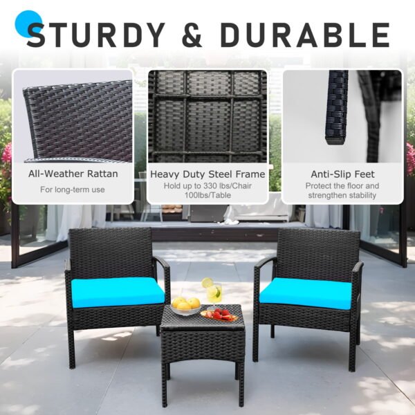 Tappio 3 Pieces Patio Conversation Set Outdoor Furniture Set, Patio Bistro Set All-weather Wicker Chairs and Table with Cushions, Blue