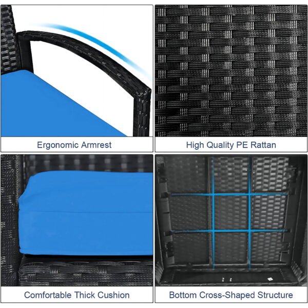 Tappio 3 Pieces Patio Conversation Set Outdoor Furniture Set, Patio Bistro Set All-weather Wicker Chairs and Table with Cushions, Blue