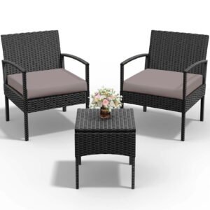 Tappio 3 Piece Outdoor Patio Furniture Set Outdoor Rattan Furniture, Patio Chairs Set of 3, Rattan Conversation Bistro Sets with Table and Cushions Brown