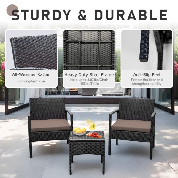 actual_color-brown-02 Tappio 3 Piece Outdoor Patio Furniture Set Outdoor Rattan Furniture, Patio Chairs Set of 3, Rattan Conversation Bistro Sets with Table and Cushions Brown