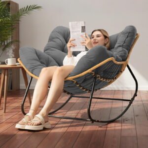 Tappio Outdoor Rocking Chair, Oversized Patio Egg Rocking Chair Indoor Papasan Rattan Wicker Lounge, Modern Royal Rocker for Bedroom, Living Room, Porch, Garden, Lawn, Gray ﻿