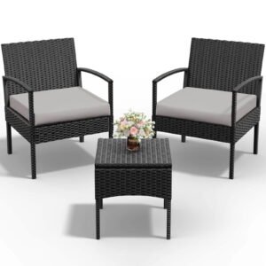 Tappio Outdoor Furniture 3 PCS Patio Wicker Conversation Set, Patio Bistro Sets Outdoor Patio Chairs Furniture Set w/ Table and Gray Cushions