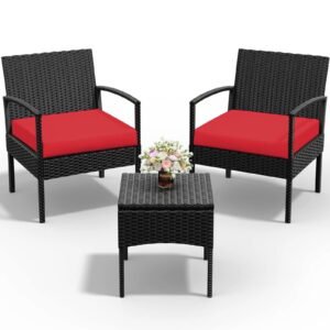 Tappio Outdoor Furniture 3 Piece Patio Bistro Furniture Set, Rattan Conversation Chairs Set with Side Table and Cushions, Patio Furniture Sets for Balcony Garden Porch, Red