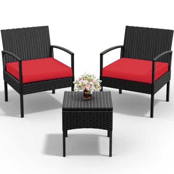 Tappio Outdoor Furniture 3 Piece Patio Bistro Furniture Set, Rattan Conversation Chairs Set with Side Table and Cushions, Patio Furniture Sets for Balcony Garden Porch, Red